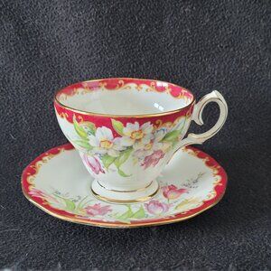 Queen Anne bone china teacup made in England Narcissus Pattern 1930's 1940's.